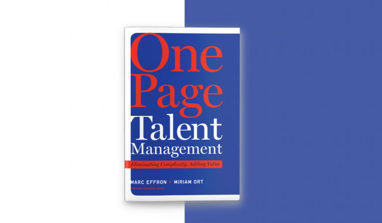 Cover of the book "One Page Talent Management" by Marc Effron and Miriam Ort. The background is blue, with large red and white text. The book's theme is about simplifying talent management to add value.