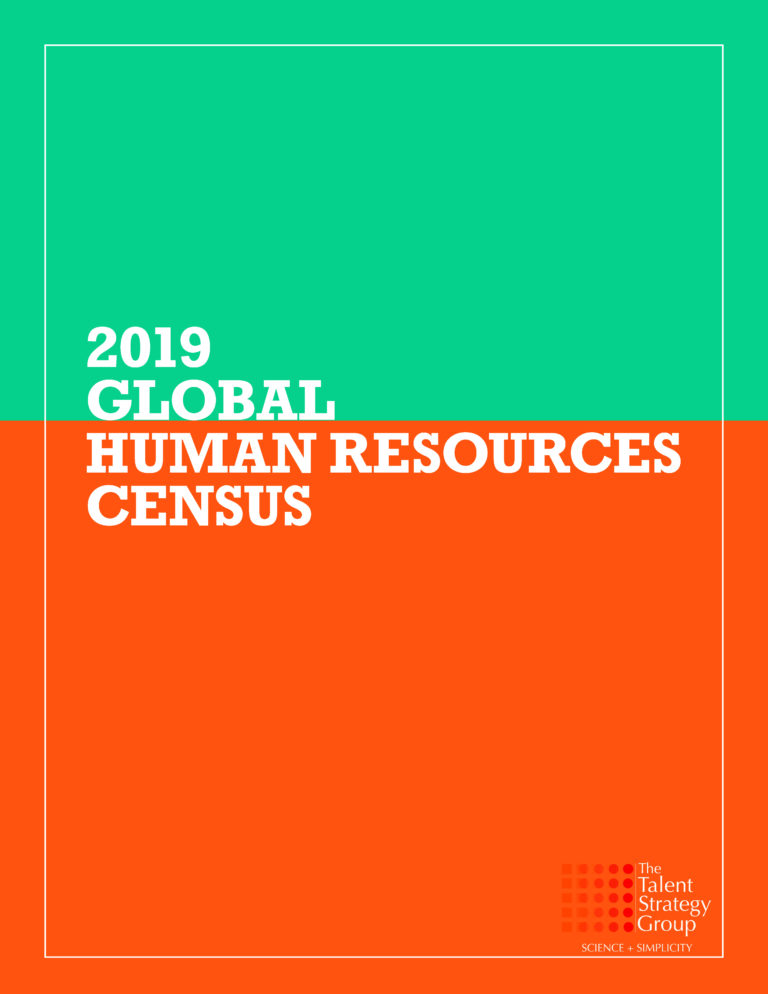 Cover of "2019 Global Human Resources Census" by The Talent Strategy Group. The design features a turquoise top half and orange bottom half, with white text and the company's logo in the bottom right corner.