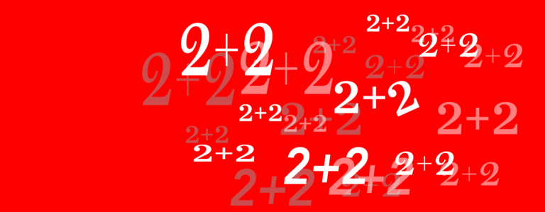 Red background with multiple instances of the mathematical expression "2+2" scattered across the image in varying sizes and shades of white.