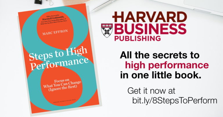 Image of an orange and teal book titled "8 Steps to High Performance" by Marc Effron. On a white table with a pen and glasses. Text reads: "All the secrets to high performance in one little book. Get it now at bit.ly/8StepsToPerform" next to Harvard Business Publishing logo.