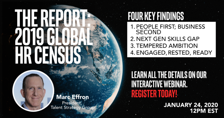 Promotional graphic for a webinar titled "The Report: 2019 Global HR Census" by Marc Effron. Lists four key findings, includes registration and date details, January 24, 2020, 12PM EST. Black background with red and white text.