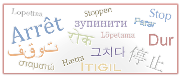 The image displays the word "Stop" in multiple languages, including French (Arrêt), Spanish (Parar), German (Stoppen), Chinese (停止), and others, arranged in a scattered fashion on a white background.