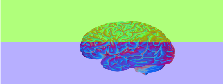 A vibrant digital illustration of a human brain in neon colors, including blue, purple, and yellow. The background is split horizontally with light green on the top half and light purple on the bottom half.