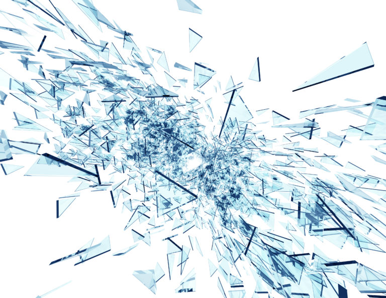 Abstract image of light blue and transparent shards spread chaotically across a white background, creating a dynamic and shattered glass effect with angular shapes and sharp lines.