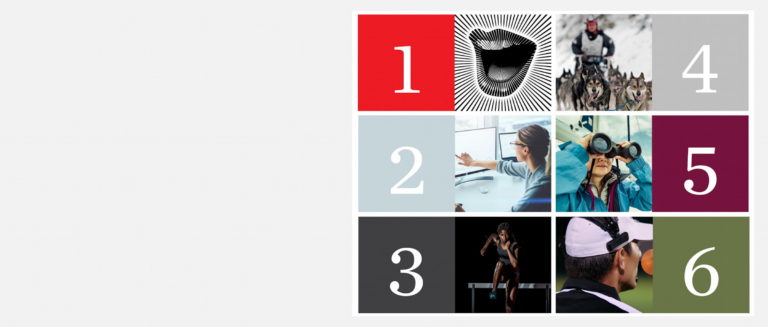 A grid of six numbered squares: 1 shows an open mouth on red; 2, a woman at a computer; 3, a hurdler; 4, a person and dogsled; 5, a woman with binoculars; 6, a man with a headset. Background is light gray.