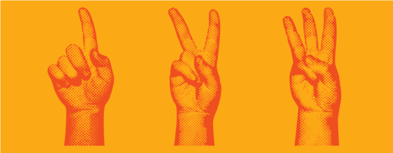 Illustration of three hands against an orange background. The left hand shows one finger, the middle hand shows two fingers, and the right hand shows three fingers. The hands are in a pop art style with a red and orange color scheme.