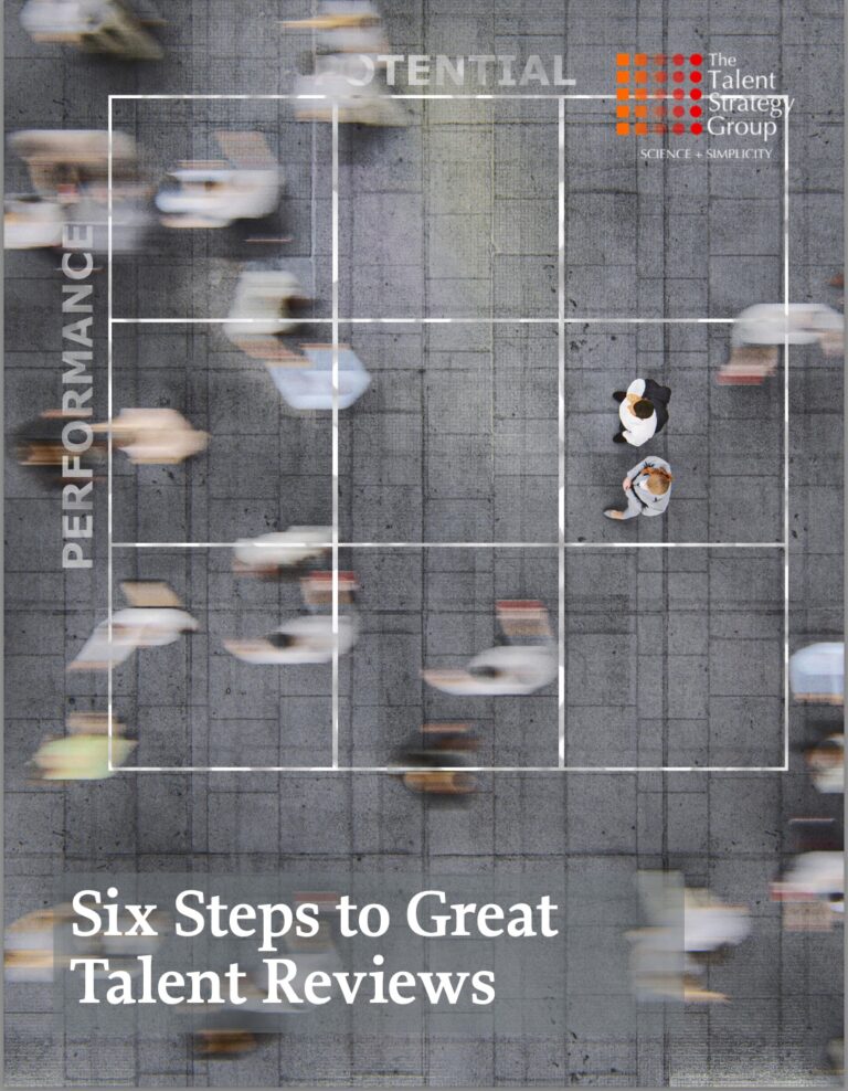 Blurred people walking over a grid on a pavement, with two clear figures standing in the grid. Text reads "Six Steps to Great Talent Reviews," alongside The Talent Strategy Group's logo. The grid is labeled "Potential" and "Performance.