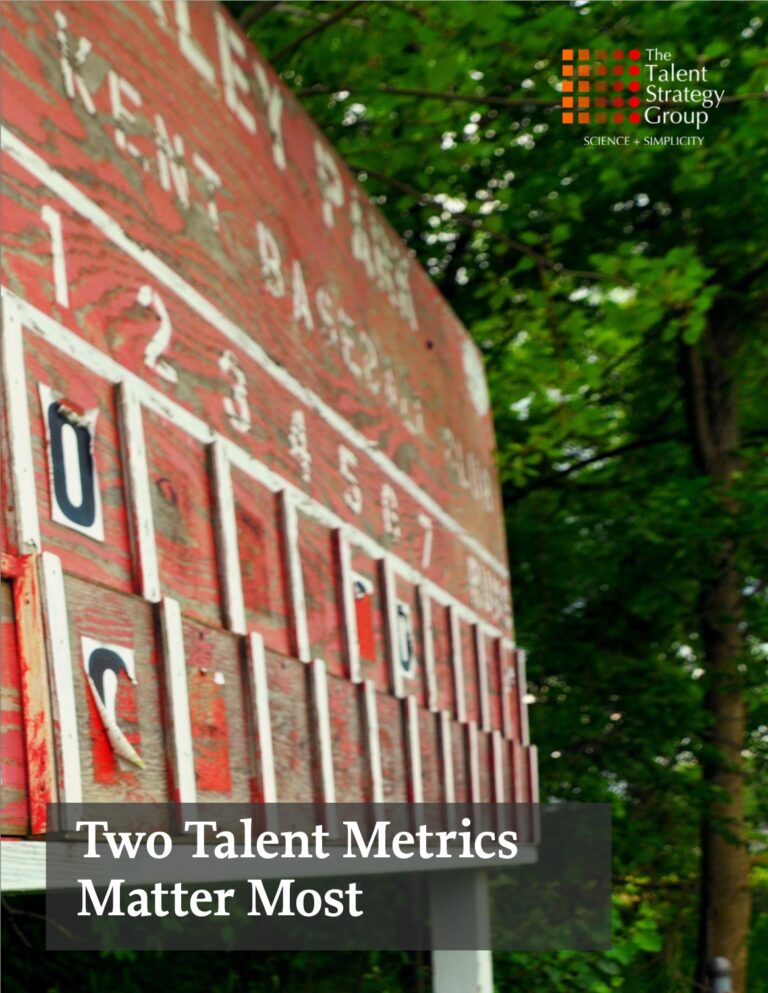 Close-up of a vintage baseball scoreboard with numbers displayed. There are trees in the background. The text reads "The Talent Strategy Group: Science + Simplicity" and "Two Talent Metrics Matter Most.