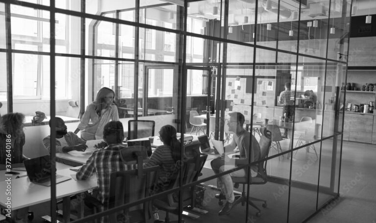 Black and white image of a group of people having a meeting in a modern office with glass walls. They are seated around a long table with laptops. A woman stands, leading the discussion. Office supplies and notes are visible in the background.