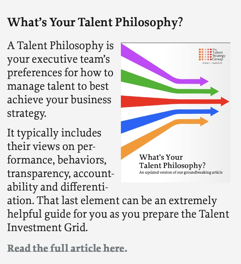 An infographic titled "What's Your Talent Philosophy?" with colorful, star-themed overlapping arrow graphics and text explaining that a talent philosophy guides leadership on managing talent to align with business strategy.