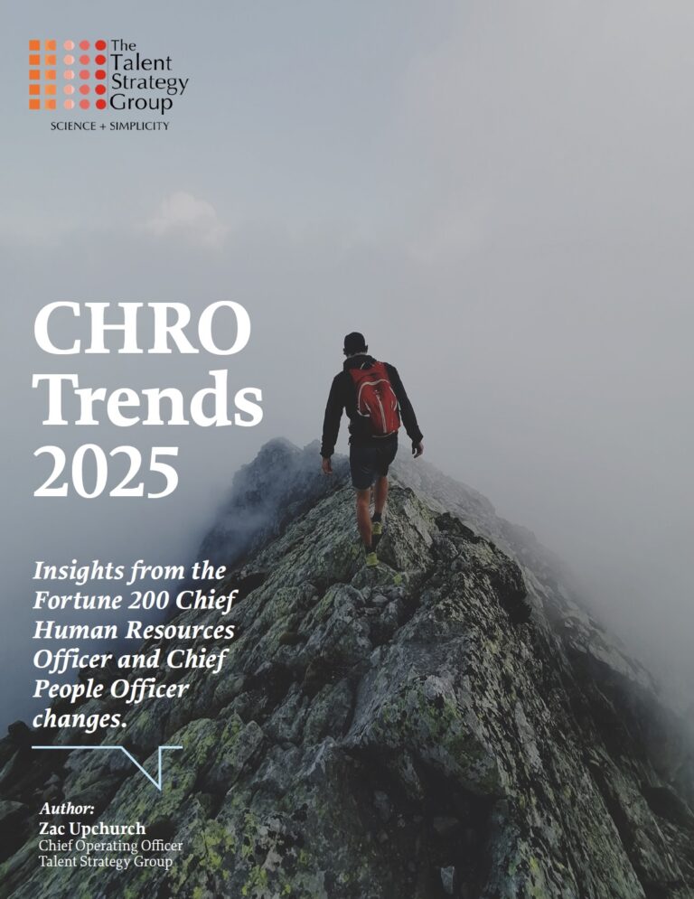 A person with a backpack walks along a rocky mountain ridge in fog. Overlaid text reads: "CHRO Trends 2025. Insights from the Fortune 200 Chief Human Resources Officer and Chief People Officer changes.