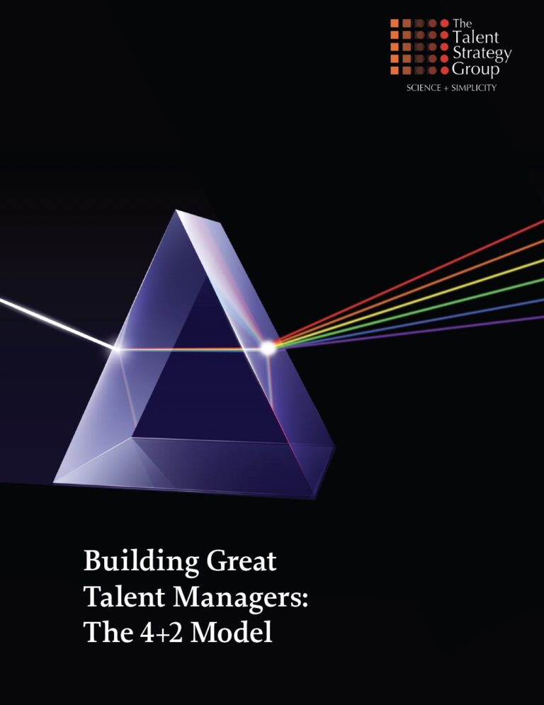 A triangular prism disperses white light into a rainbow spectrum on a black background. The title below reads, "Building Great Talent Managers: The 4+2 Model." The Talent Strategy Group logo is in the top right corner.