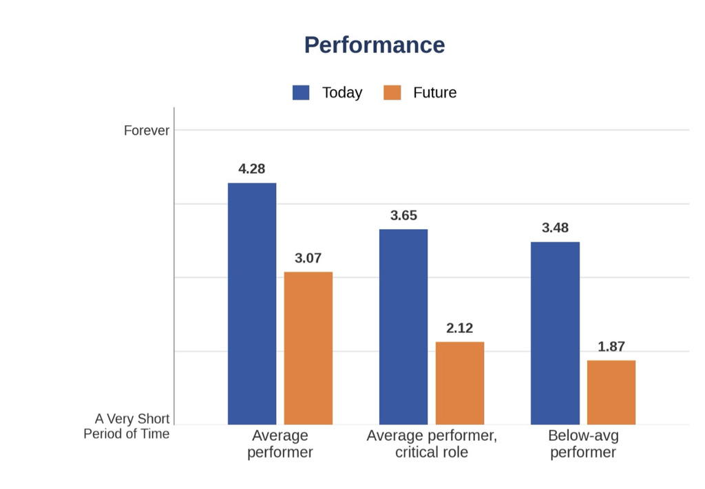 Bar chart titled “Performance” visually compares the performance of “Today” (blue) vs “Future” (orange) across three categories: average performers, average performers in critical roles, and below-average performers, with corresponding numeric values.
